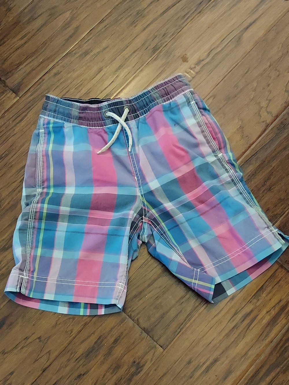 Gap Boys Plaid Swim Trunks Pink Blue Small 6/7
